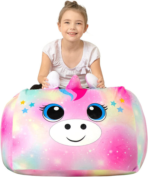 Stuffed Animal Storage Unicorn Bean Bag Chair Cover for Kids Room Organizer and Decor 24x24in (Cover Only)