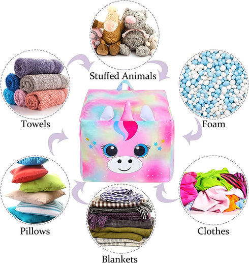 Stuffed Animal Storage Unicorn Bean Bag Chair Cover for Kids Room Organizer and Decor 24x24in (Cover Only)