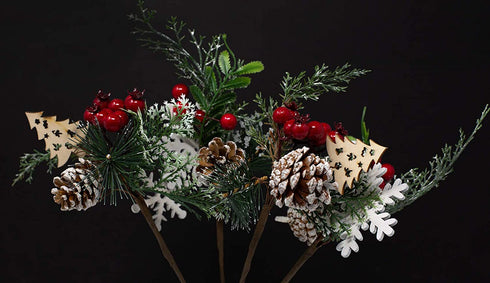 BANBERRY DESIGNS Woodsy Floral Picks Set of 10 Snow Tip Pinecone Red Berries Sprays Wooden Embellishments DIY for Christmas Garlands Wreaths Flower Arrangements Rustic Home Décor