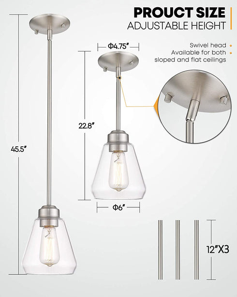 Beionxii Glass Pendant Lights | Modern Brushed Nickel Pendant Lighting for Kitchen Island, Dining Room, Over The Sink