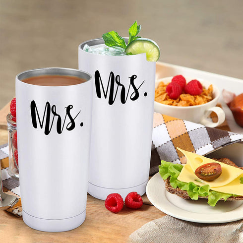 Cpskup Mrs and Mrs Travel Tumbler Set, Lesbian Couple Gifts for Women, Engagement Wedding Valentine™s Day LGBT Gifts for Girlfriend Wife Fiancée, 20 Oz Stainless Steel Travel Tumbler with Lids, White