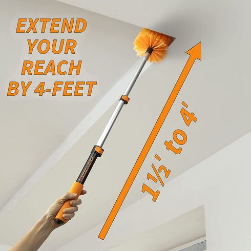 1.5-to-4 ft Cobweb Duster with Extension Pole // 10+ Foot Reach Spider Web Cleaner Cobweb Brush for Outdoor & Indoor Web Cleaning // Lightweight & Sturdy Telescopic Pole // The Ultimate Dusting Kit