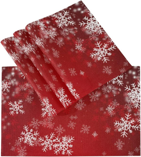 One Bear Christmas Placemats Winter Snowflake Red Placemat Table Mats Non Slip Heat Resistant Placemats for Dining Table Kitchen Holiday Party Set of 6