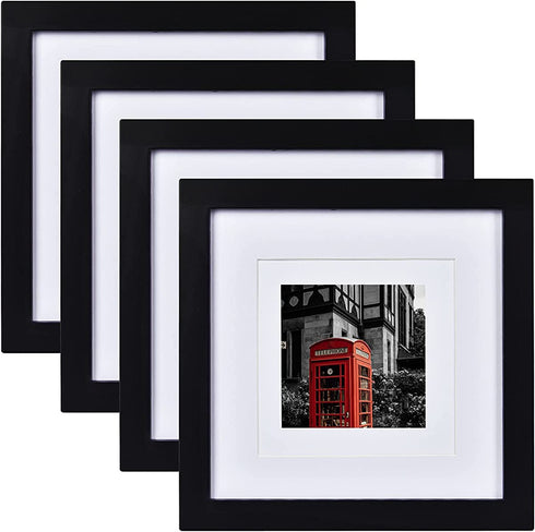 BLEUM CADE 8x8 Picture Frames 4 Pack, Display Pictures 4x4 or 5x5 with Mat Black Solid Wood Photo Frame with 2 Mats for Table Top Display or Wall Mounting, Hanging Hardware Included, Black