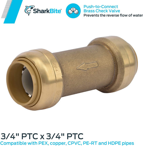 SharkBite U2016-0000LFA 3/4 inch x 3/4 inch Brass Check Valve, Push-to-Connect, Copper, PEX, CPVC