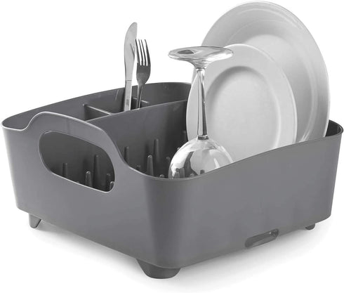 Umbra Tub Dish Drying Rack Lightweight Self-Draining Dish Rack for Kitchen Sink and Counter at Home, RV or Motorhome, Charcoal