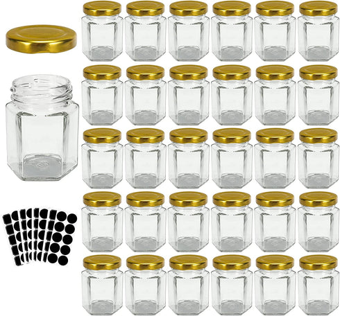 3 oz Hexagon Glass Jars with Gold Lids, 30 Pack Honey Jars Canning Jars Small Spice Jars for Jelly, Herb, Jams, Candy, Wedding Favors, Includes Labels and Pen