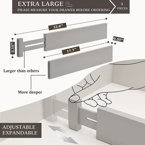 Bellsal Large Drawer Divider Bamboo (3.15 Tall 17.7-22.8 Long) Deep Kitchen Drawer Organizer for Clothes Dresser Bedroom Office Set of 4 Grey