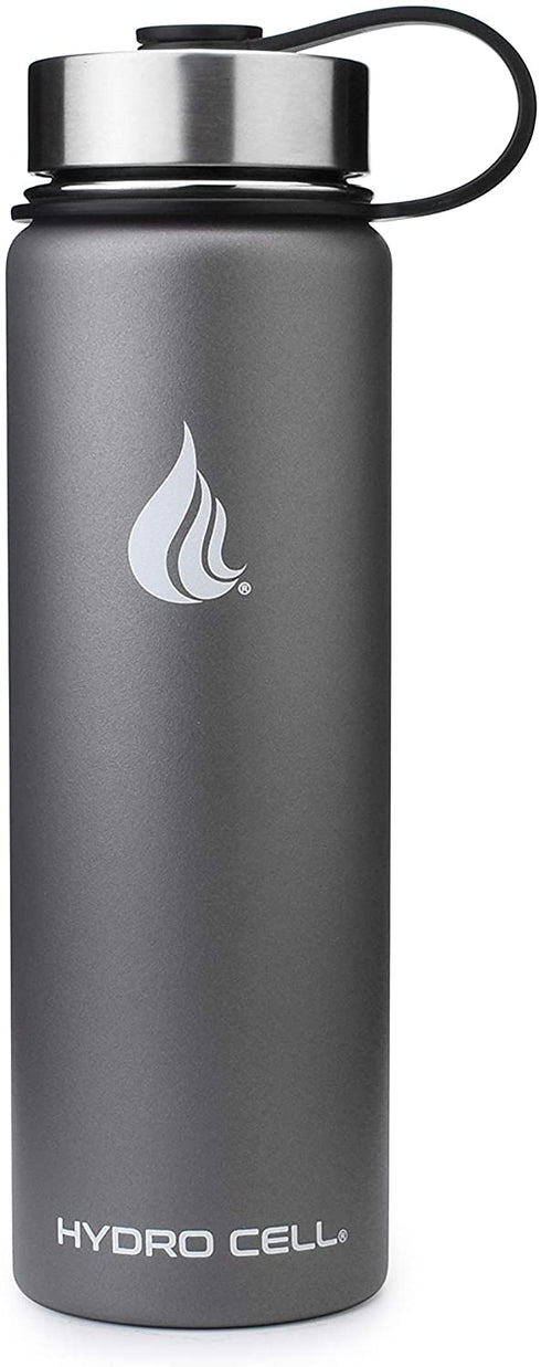 HYDRO CELL Stainless Steel Water Bottle w/ Straw & Wide Mouth Lids (64oz 40oz 32oz 24oz 18oz 14oz) - Keeps Liquids Perfectly Hot or Cold with Double Wall Vacuum Insulated Sweat Proof Sport Design (Graphite 24 oz)