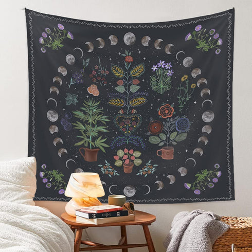 LAIMAILER Botanical Plant Tapestry Decor For Bedroom Aesthetic, Boho Moon And Sun Wall Hanging Tapestry, Large Nature Wall Decor Blanket Mandala Tapestry For Bedroom Home Dorm----60" X 80"