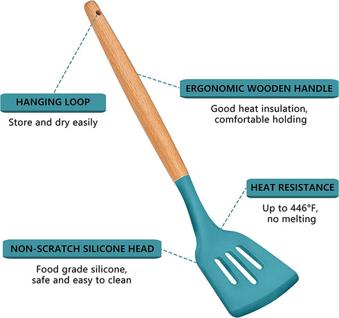 Homikit 35-Piece Kitchen Cooking Utensils Set with Holder, Non-Stick Silicone Cookware Utensils Spatula Set, Heat Resistant Kitchen Tools with Spoon Whisk Turner Tong, Wooden Handle, Navy Blue