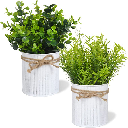 LESEN 2 Pack Fake Plants in Galvanized Metal Pots Modern Farmhouse Table Centerpiece Rustic Home Decor, Potted Artificial Eucalyptus Faux Plants for Indoor Shelf Dining Room Office Desk Decoration