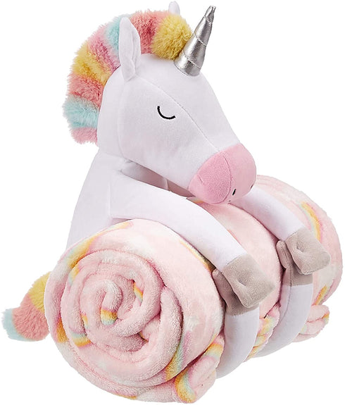 Amazon Basics Kids Unicorns & Rainbows Patterned Throw Blanket with Stuffed Animal Unicorn