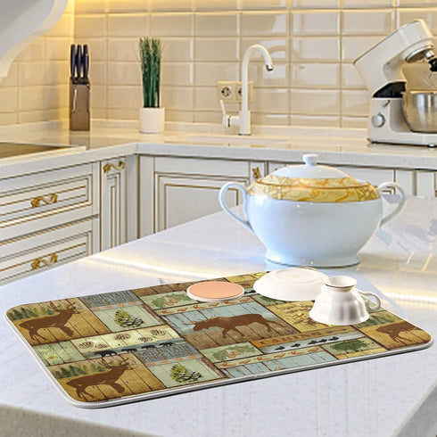 Moose Deer Cabins Dish Drying Mat 18x24 inch Microfiber Wildlife Bear Dish Drainer Mat with Hanging Loop Reversible Animal Forest Dish Draining Mat Retro Cabin Drying Pad for Kitchen Counter Sink