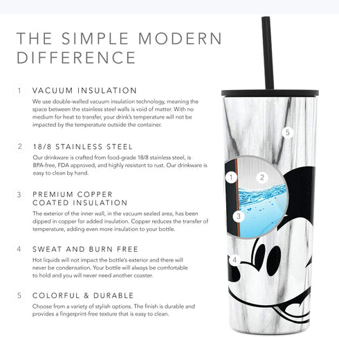 Simple Modern Disney Character Insulated Tumbler Cup with Flip Lid and Straw Lid | Reusable Stainless Steel Water Bottle Iced Coffee Travel Mug | Classic Collection | 24oz Mickey Mouse on Marble