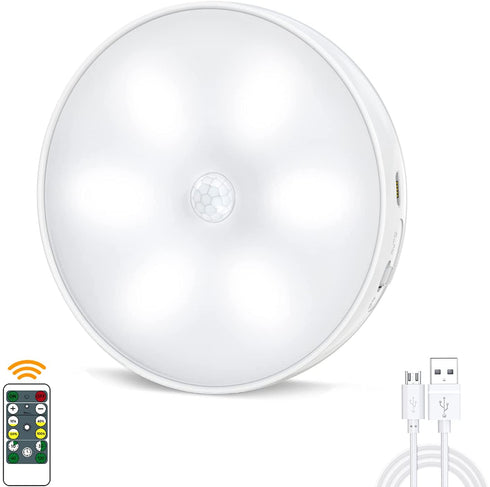 Led Closet Light, Motion Sensor Puck Lights with Remote Wireless USB Rechargeable Dimmable Under Cabinet Night Safe Lighting Stick-on Anywhere for Counter Kitchen Stairs Hallway Bedroom (1 Pc)