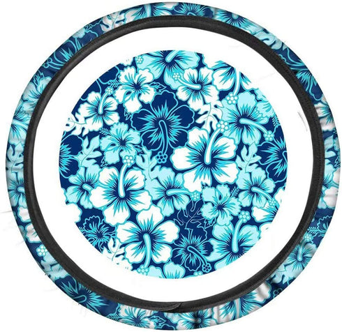 PZZ BEACH Hawaiian Steering Wheel Cover Universal Hibiscus Floral Print Vehicle Accessories for Women Girls