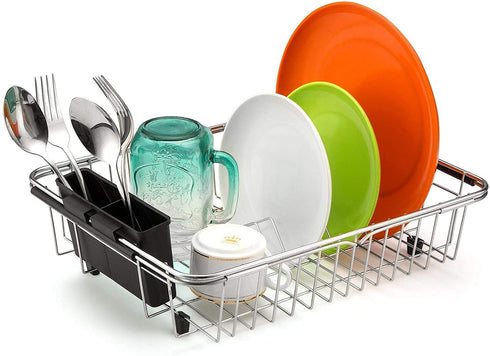 iPEGTOP Expandable Dish Drying Rack, Over The Sink Dish Rack, in Sink Or On Counter Dish Drainer with Black Utensil Holder Cutlery Tray, Rustproof Stainless Steel for Kitchen