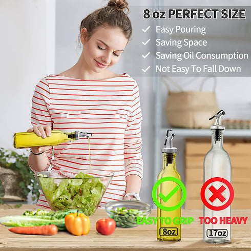 GMISUN 8oz Olive Oil Bottle Dispenser, 4 Pack Leakproof Oil And Vinegar Cruet Set With Clear Glass Oil Bottle, Non-Drip Spouts, Black Caps, Funnel And Labels