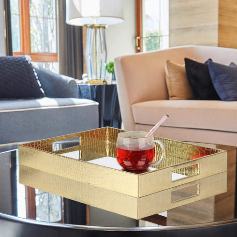 Vixdonos Decorative Mirror Tray Gold Serving Tray Bathrooom Vanity Tray for Makeup on Dresser or Coffee Table,16.2'' X 12.2" X 2''