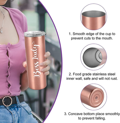 Boss Day Gifts, Boss Lady Skinny Tumbler, Christmas Birthday Boss Gifts for Women Boss Lady Female Coworkers Mom Manager Director Friends, 20 Oz Stainless Steel Insulated Tumbler with Lids, Rose Gold