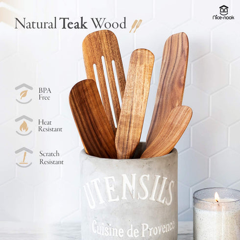 Spurtle set As Seen on TV- Nice-nook 5pc wooden spoons for cooking made with Premium teak wood-Cookware Utensils For Non Stick , Baking, Smashing, Scooping, Spreading, Serving and More-Great gift.
