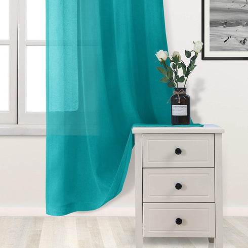 DWCN Turquoise Faux Linen Sheer Curtains - Grommet Voile Window Curtain Drapes for Bedroom Living Room 52 x 63 inch Length, Set of 2