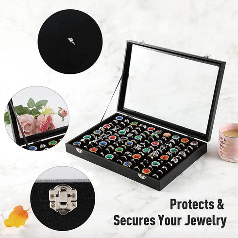 Pangkeep 100 Slots Ring Display Case,Ring Organizer Box,Jewelry Tray Storage Organizer Case with Glass Lid(Black Velvet).