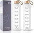 PROBTTL 32 Oz Borosilicate Glass Water Bottle with Time Marker Reminder Quotes, Leak Proof Reusable BPA Free Motivational Water Bottles with Silicone Sleeve and Bamboo Lid