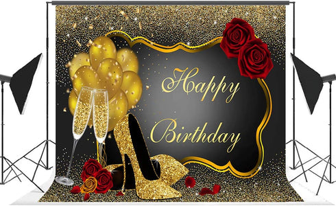 10x7ft Glitter Golden and Black Birthday Photography Backdrop Red Rose Floral Champagnes Glass Balloons Party Background for Adult Women Happy Birthday Party Decorations Photo Booth Props