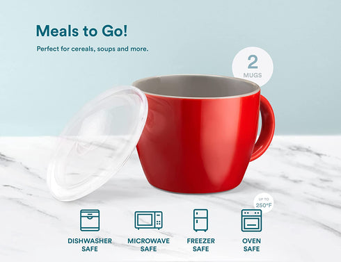 Kook Ceramic Soup Mugs, with Handle and Vented Plastic Lid, Microwave Safe, Travel Cups, for Coffee, Cereal, Noodles and Tea, 25 oz, Set of 2,Cherry/Grey
