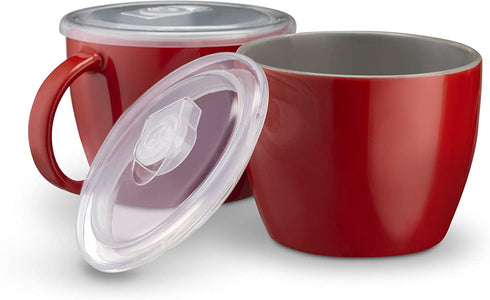 Kook Ceramic Soup Mugs, with Handle and Vented Plastic Lid, Microwave Safe, Travel Cups, for Coffee, Cereal, Noodles and Tea, 25 oz, Set of 2,Cherry/Grey
