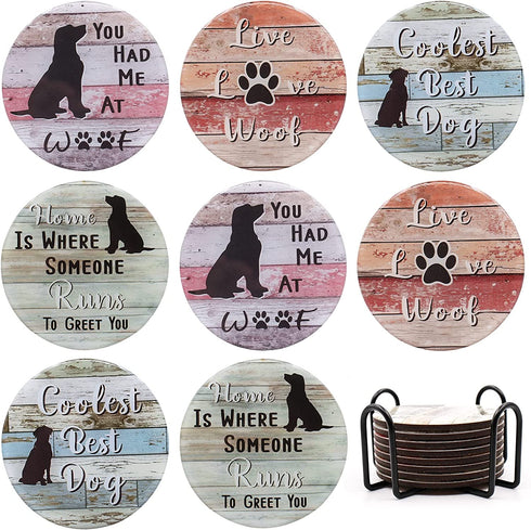 Coasters,Cute Dog Coasters with Holder,Waterproof Coasters for Drinks,Funny Dog Coasters for Drinks Suitable for Coffee Table,Kinds of Cups,Cork Base Coasters,Coaster Set of 8,Housewarming Gifts