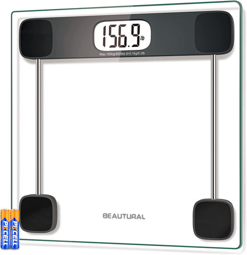 BEAUTURAL Digital Body Weight Bathroom Scale with Step-On Technology, Precision Weighing Scale,Large Backlight Display, Highly Accurate, Glass, 400 lbs, Batteries and Tape Measure Included