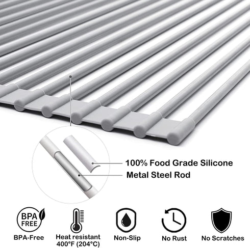 Roll Up Dish Drying Rack (17.3''X13''), Silicone Wrapped Steel Rods, Anti-Slip, Anti-Rust, Strong, Heat Resistant, Over The Sink Multipurpose Dish Drying Racks
