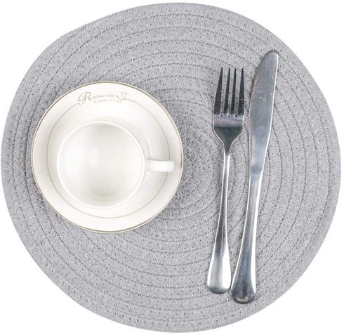 SHACOS Round Placemats Set of 4 Heat Resistant Cotton Rope Braided 12 inch Place Mats for Dining Table Thick Fabric Absorbent Table Mats Trivet (Light Gray, 12 Inch)