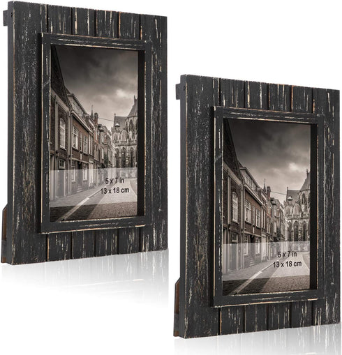 Farmhouse Picture Frames 5x7 - Solid Wood Black Rustic Finished With High Definition Glass Vertically Or Horizontally For Tabletop Display And Wall Hanging (Pack Of 2)