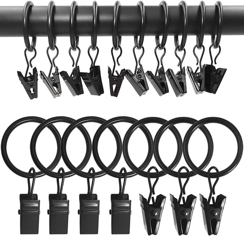 AMZSEVEN 100 Pack Metal Curtain Rings with Clips, Curtain Hangers Clips, Drapery Clips with Rings, Drapes Rings 1 in Interior Diameter, Fits Diameter 5/8 in Curtain Rod, Vintage Black