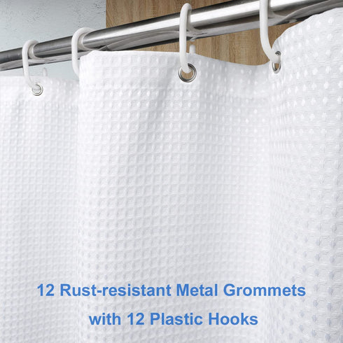 White Shower Curtain 70x72 Inches, Beneyhome 230G Weighted Fabric Waffle Weave Bathroom Curtains with Hooks, Machine Washable Grommet Farmhouse Bathtub Liner, Water-Repellent, 72 Inch Long