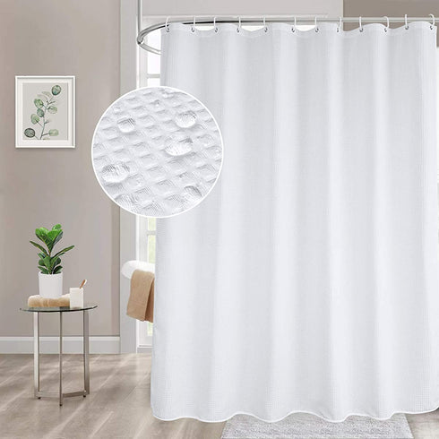 White Shower Curtain 70x72 Inches, Beneyhome 230G Weighted Fabric Waffle Weave Bathroom Curtains with Hooks, Machine Washable Grommet Farmhouse Bathtub Liner, Water-Repellent, 72 Inch Long