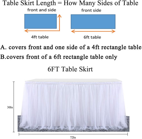 White Table Skirt Baby Shower 6ft Tulle Table Skirting with Gold Brim Round and Rectangle Tutu Table Decoration Table Cloth for Birthday Party,Gender Reveal Wedding(L6(ft), H30in)