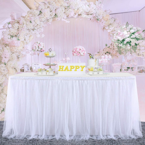 White Table Skirt Baby Shower 6ft Tulle Table Skirting with Gold Brim Round and Rectangle Tutu Table Decoration Table Cloth for Birthday Party,Gender Reveal Wedding(L6(ft), H30in)
