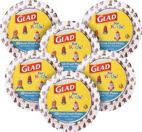 Glad for Kids Rocket Paper Plates, 20 Count - 6 Pack | Small Round Paper Plates with Cute Rocket Design for Kids | Heavy Duty Disposable Soak Proof Microwavable Paper Plates for All Occasions, 7 in.