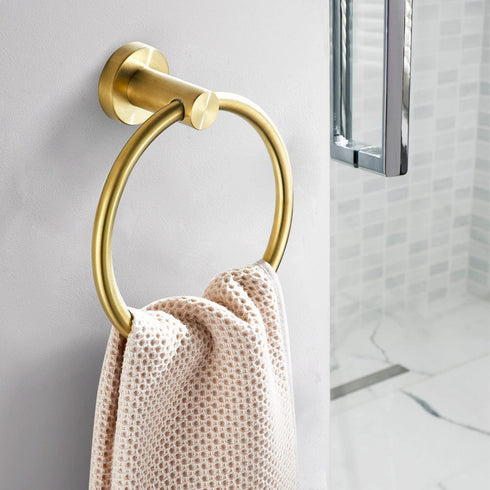 BATHSIR Gold Towel Ring, Bathroom Hand Towel Holder Wall Mount Round Brushed Gold Towel Rack Stainless Steel