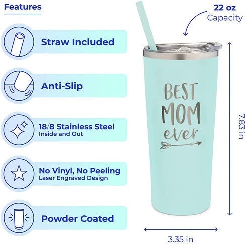 Best Mom Ever Gift - Stainless Steel Insulated Tumbler with Slide Close Lid and Straw- Engraved Travel Coffee Mug - Mom Gifts, Mom Birthday Gifts from Daughter, Son - Mother's Day Gifts for Mom, New Mom, Mint, 22oz