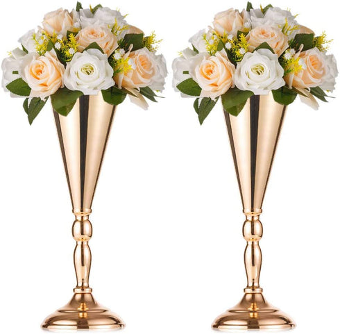 2 Pcs Set Metal Wedding Flower Trumpet Vase Stand Table Decorative Centerpiece Artificial Flower Arrangements for Anniversary Ceremony Party Birthday Event Aisle Home Decoration (Gold)