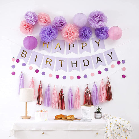Birthday Party Decorations, Birthday Party Supplies for Girls Decors Kit Pom Pom Lanterns Paper Garland Happy Birthday Banner