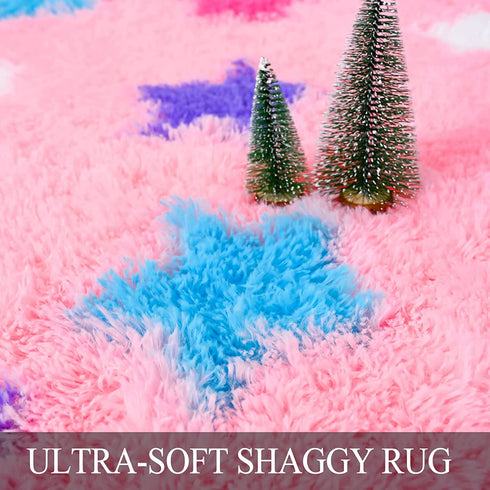 RUGICI Pink Round Rug for Girls Bedroom, Fluffy Circle Rugs for Kids Room, Fuzzy Shaggy Area Rug, Furry Star Play Mat for Princess Tent, Nursery Rug for Baby Teen Girls Room Decor, 4 ft