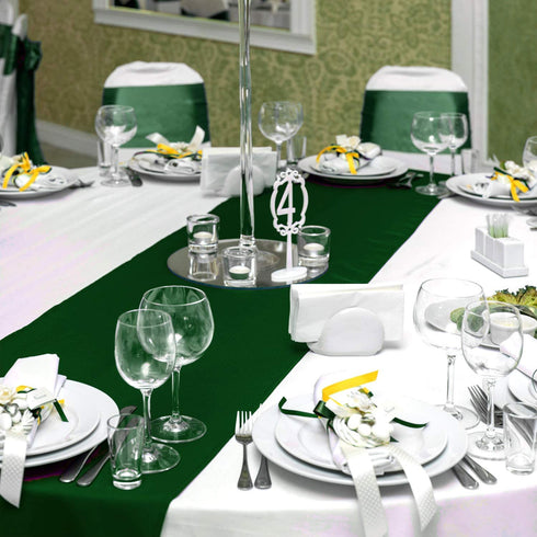 Aneco 12 Pack Satin Table Runner 12 x 108 Inch Forest Green Long Wedding Satin Silk Table Runner for Wedding Banquet Graduations Birthday Party Decoration