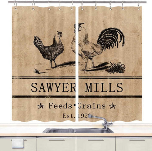 Rooster Kitchen Curtains, Farmhouse Miller Farm Aniaml Chicken Window Curtain Panel, Country Farmhouse Style Curtains for Living Room Bedroom (55X39)